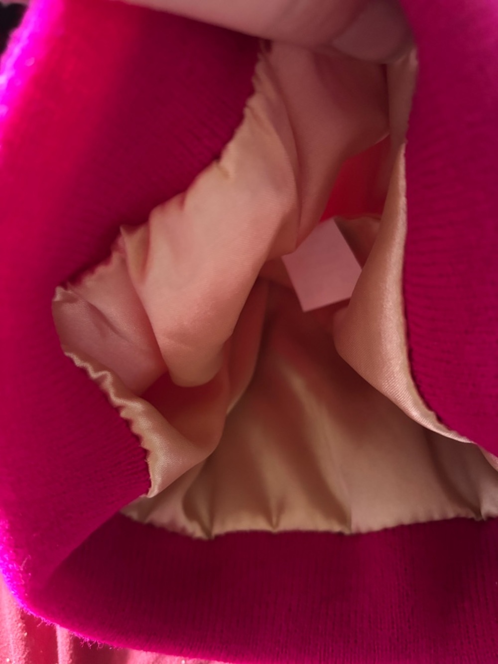 Hot Pink Beanie with Gold 'QueerAndHere' Embroidery silk lining - Picture 2 of 3